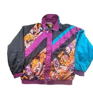 Vintage Bomber Jacket Womens Medium Paisley Track Colorblock TAIWAN 80s 90s